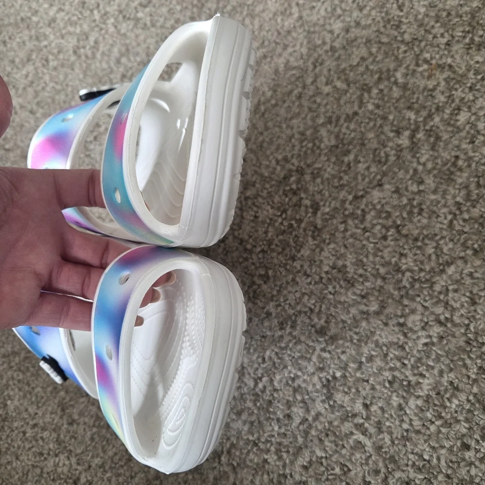 Crocs Solarized Tie Dye Two-Strap Sandals Mens Size 11 -White/Rainbow